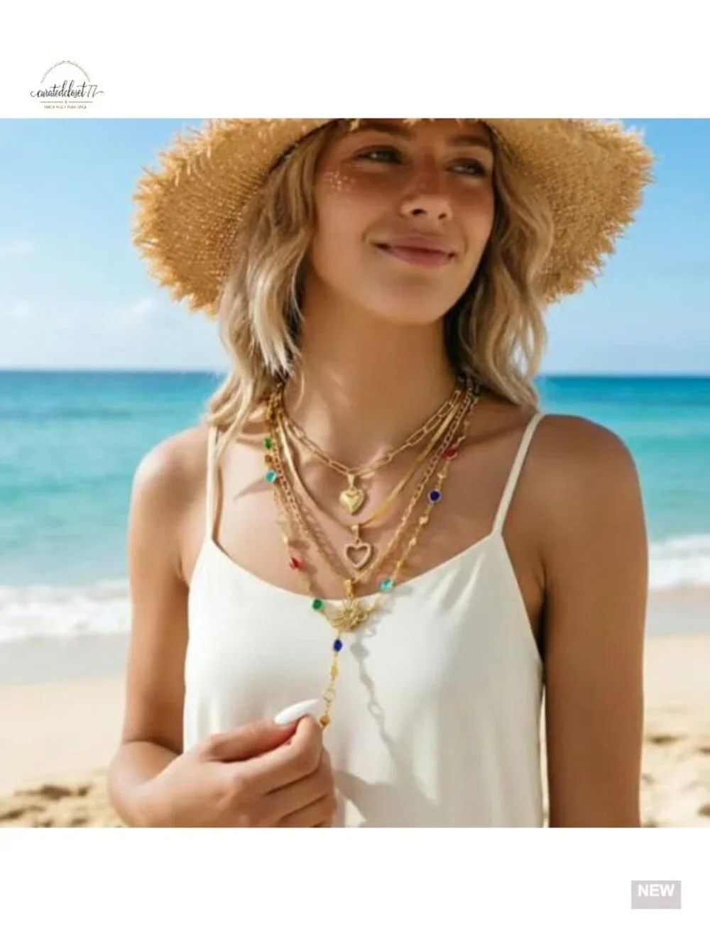 4 PCS Layered Heart Pendant Necklace Set Bohemian Crystal Stackable Jewelry